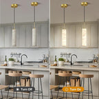 LMQNINE Natural Alabaster Pendant Lights for Kitchen Island White Marble Long Tube Chandelier Modern Gold Ceiling Light Fixtures for Bedroom Dining Room Table Living Room Hallway(S-1Pack)