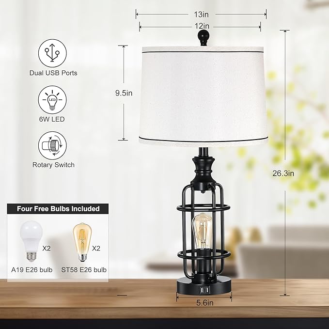 26.3”Table Lamps Set of 2 with USB Charging Ports,Farmhouse Bedside Nightstand Lamp with Rotary Switch,Rustic Reading Lamps Industrial Desk Lamps for Bedroom Living Room,Bulbs Included