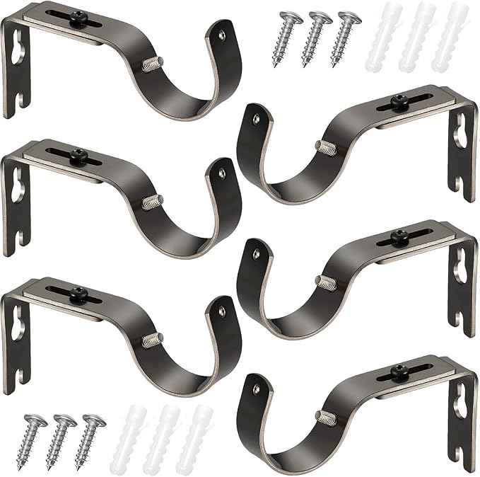 Frienda 6 Pcs Curtain Rod Brackets Adjustable Holder Wall for 1 Inch Diameter Curtain Rod General Bracket Hooks with Screws (Plating Black)