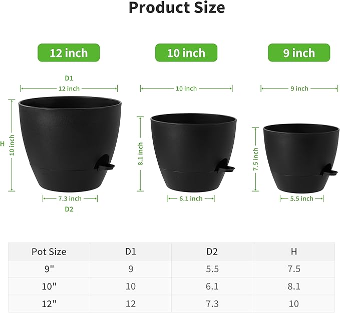 FaithLand 3-Pack Large Planter Pots, 12 10 9 Inch Self Watering Flower Pots for Indoor Outdoor Garden Plants, Black