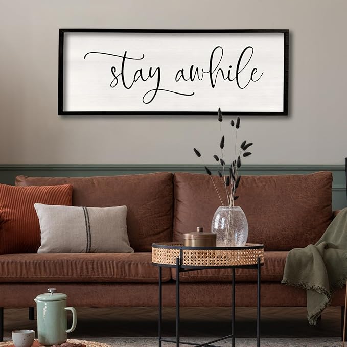 Stay AWhile Sign Wall Decor Sign 40"X15" Large Living Room Entryway Wood Framed Rustic Wall Decor for Vintage Farmhouse Foyer Hanging Lets Stay Home Wall Art (Black)