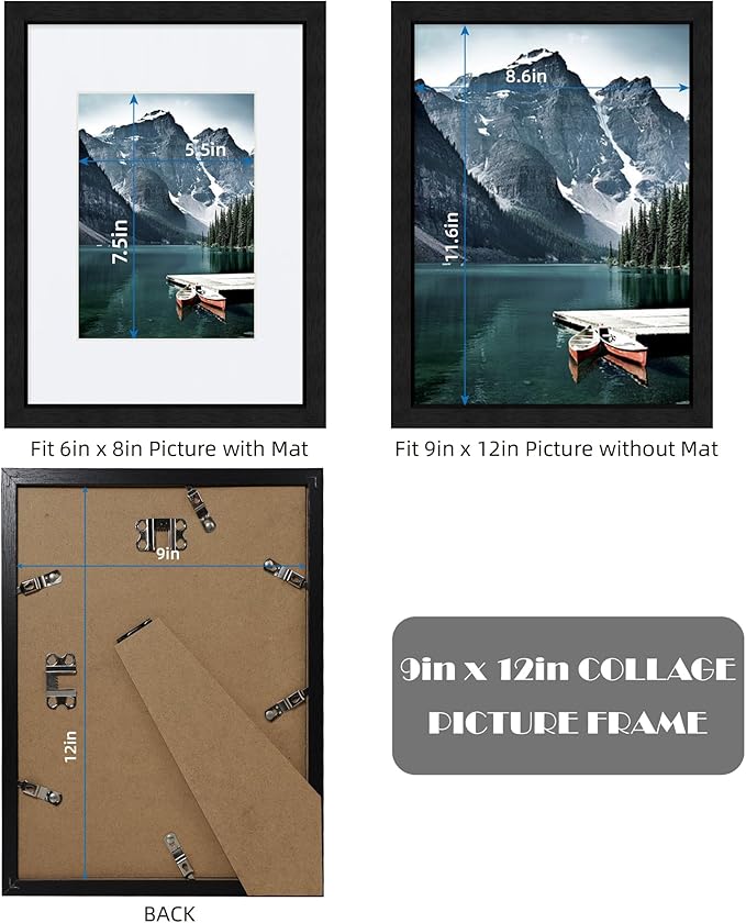 9x12 Black Picture Frames set of 3, Made of Wooden and Glass Photo frame - Displays Picture 6x8 with Mat or 9 x 12 without Mat, Desktop & Wall Collage Frame set