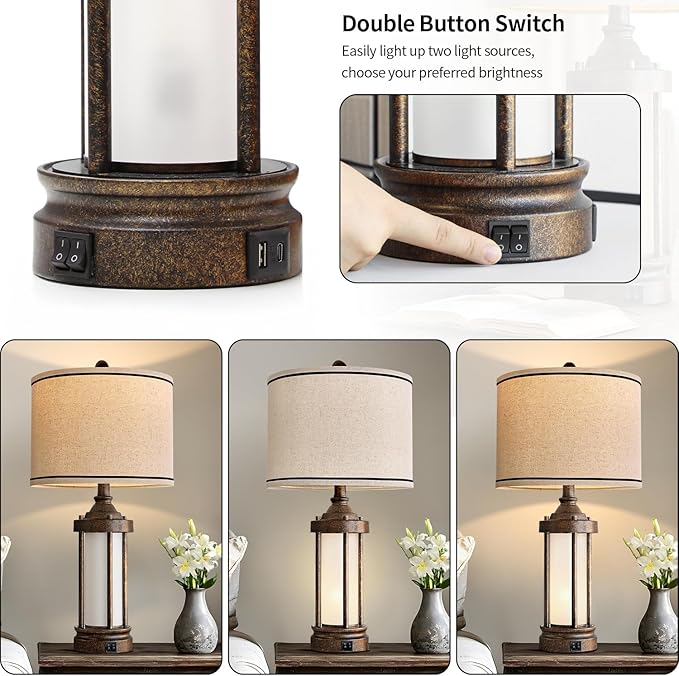 25'' Table Lamp for Living Room Bedroom Farmhouse Metal Lamps with 2 USB Ports, Built-in Frosted Glass Night Light Vintage Industrial Nightstand Bedside End Lamp, 2 Bulbs Included, Bronze