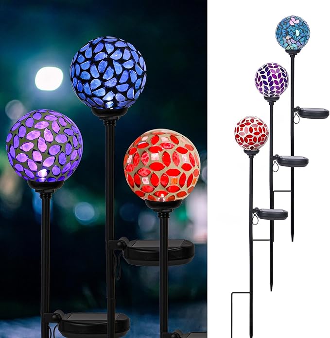 VCUTEKA Solar Garden Decorative Lights Outdoor, Mosaic Solar Light Waterproof LED Pathway Stake Light for Landscape Patio Yard Deck Walkway Decoration, 3 Pack （Blue&Purple&Red）