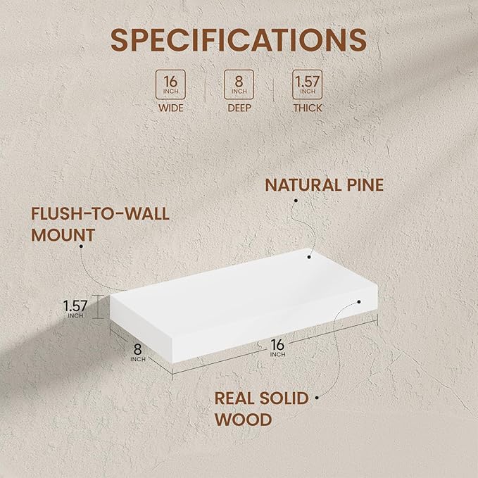 Heimlove White Floating Shelves for Wall,2 Packs 16 inches Natural Pine Solid Wood Bathroom Shelf Over Toilet Decor and Storage 8 inches Deep for Kitchen Bedroom Office & Living Room Wall Decor