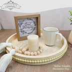 Round Wood Serving Tray with Beads, Yellow Washed Wooden Decorative Tray for Entertaining, Decoration, and Gifting