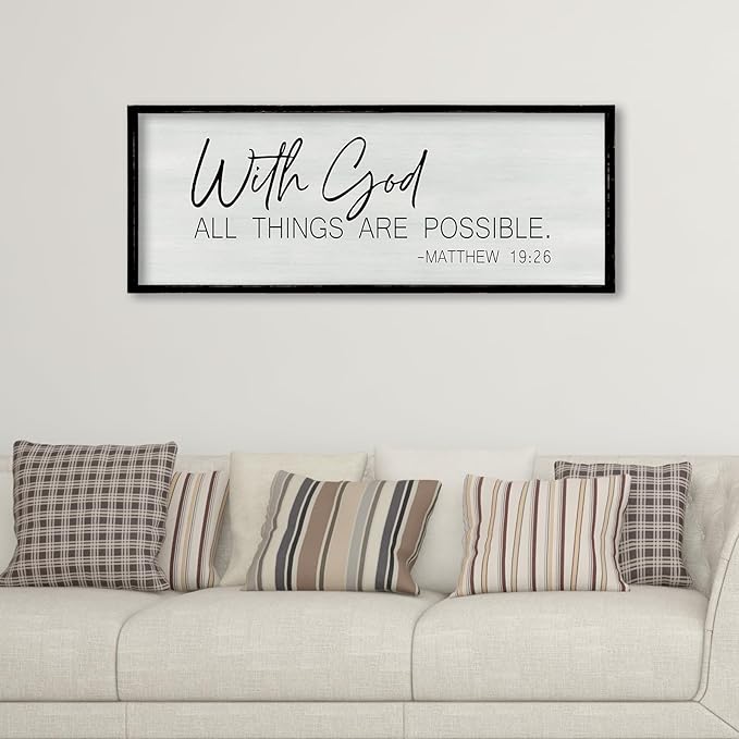 ZZJJHYWGQ Bible Verse Wall Decor With God All Things Are Possible 32"×12" Christian Religious Home Inspirational Print Catholic Sign for Living Room Religious Faith Large Hanging Art (Black)