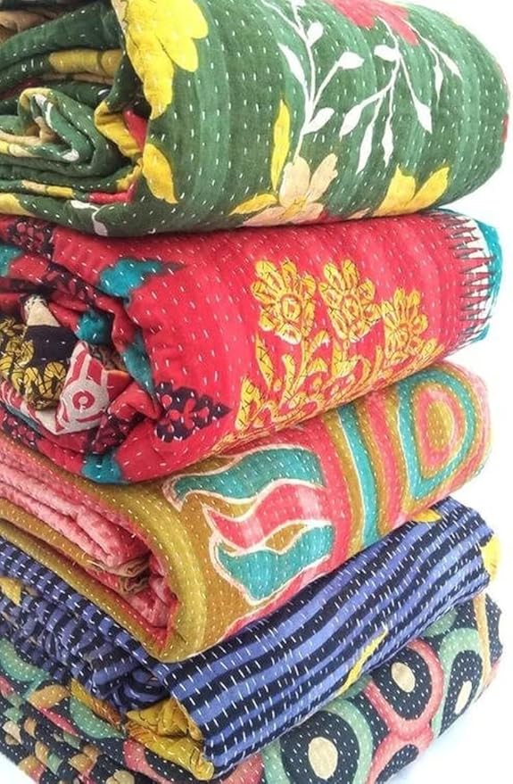 Wholesale Lot of Indian Vintage Kantha Quilt Handmade Throw Reversible Multicolor Cotton Fabric Bohemian Kantha Blanket 85X55 Inch 2 Pcs Lot