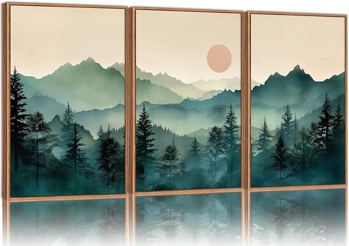 SIGNINART Large Mountain Framed Canvas Wall Art Set, Abstract Misty Forest Wall Decor, Foggy Nature Pine Tree Wall Painting, Modern Boho Sunrise Art Prints for Bedroom Living Room and Office 24"x36"x3