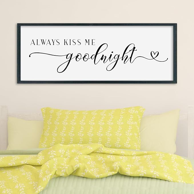 SRSZHIYUE Always Kiss Me Goodnight Sign Wall Decor Art for Master Bedroom Above Bed 32"×12" Large Wood Framed Wall Hanging (Black)