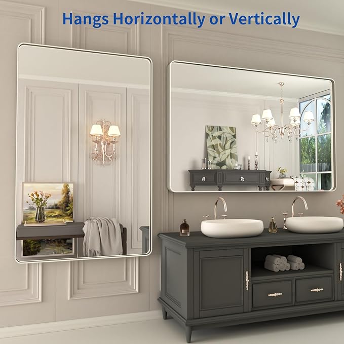 WEER 48X30 Inch Brushed Nickel Bathroom Mirror, Brushed Silver Metal Frame Mirror, Rounded Rectangle Silver Bathroom Vanity Mirror, Tempered Glass, Anti-Rust, Hangs Horizontally or Vertically