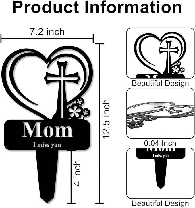 Mom Memorial Grave Stake, Cemetery Decorations for Grave Markers 12.5 x 7.2 inch Heart Metal Sympathy Stakes Graveside Plaque Decor Sign for Mother Graves, Yard, Garden - Black-Mom