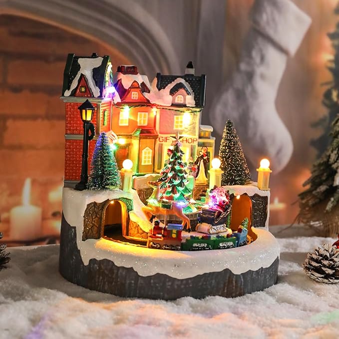 Bdor Christmas Village House with Rotating Train – Lighted Musical Xmas Tabletop Decoration with Santa Sleigh & LED Lights – Electric or Battery Operated Christmas Scene Décor, 9"x9"x9"