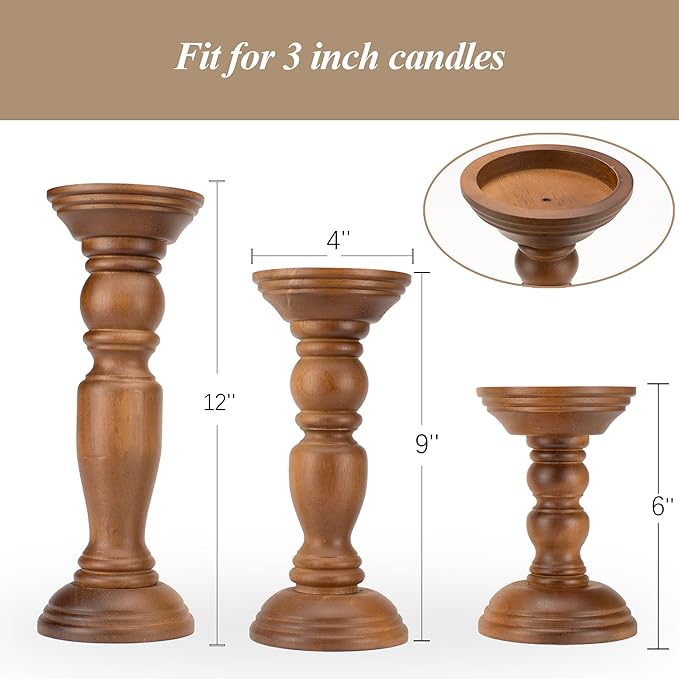 Rustic Wooden Pillar Candle Holders Set of 3, 12'' 9'' 6'' Farmhouse Wood Candle Stand for Table Centerpieces, Vintage Tall Candleholders Fireplace Mantel Decor for Living Room, Brown