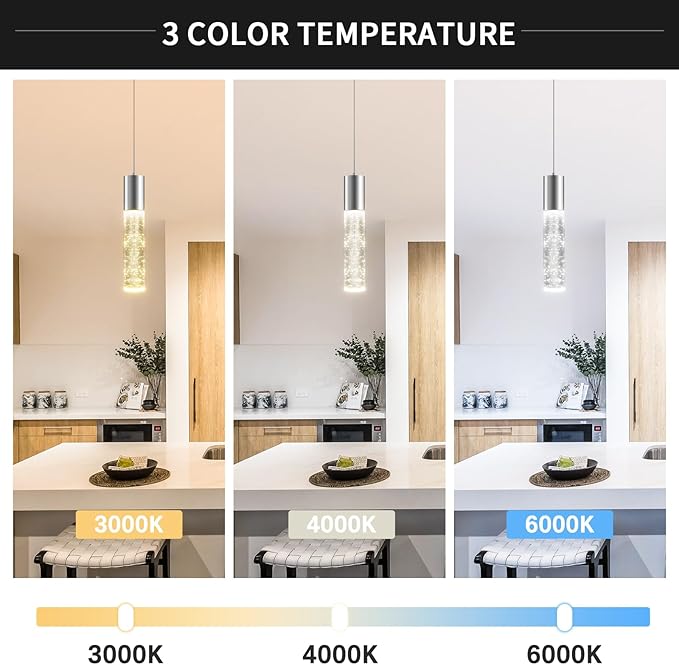 OKELI Modern Pendant Light,3 Color LED Bubble Crystal Island Light Fixtures,Chrome Mini Pendant Lighting for Kitchen Island,Bar,6W,3000-6000K,ETL
