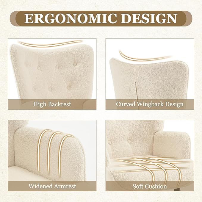 Furnimart Accent Chairs Set of 2, White Sherpa Reading Armchair with High Backrest, Wingback Corner Chair Mid Century Modern for Living Room, Bedroom, Waiting Room