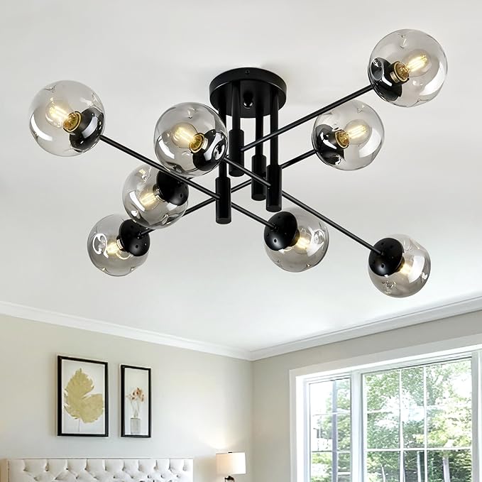 SZXYKEJI 8 Light Glass Globe Ceiling Light Black Mid Century Flush Mount Sputnik Light Fixture Bubble Chandelier Living Room Farmhouse for Dining Room Kitchen Bedroom.
