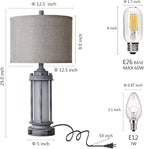 Rustic Table Lamp for Bedroom Living Room with 2 USB Ports, Farmhouse Vintage Nightstand Lamp 25'' with Light Green Glass Nightlight, Antique Retro Desk Lamp for Entryway, 2 Bulbs Included