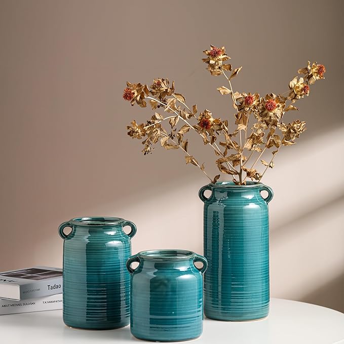 Ceramic Rustic Distressed Green Flower Vase for Centerpieces, Kitchen, Office or Living Room (5.9''x6.3'')