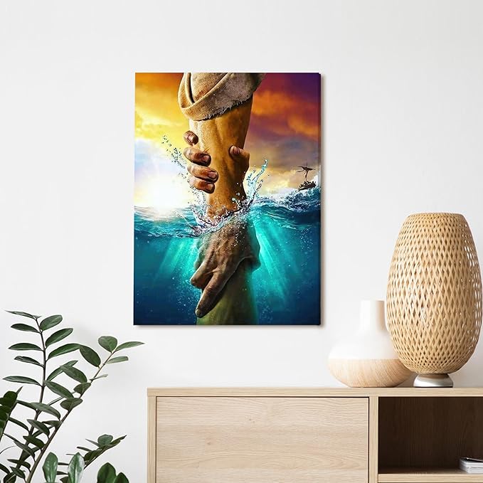 Framed Jesus Christ Canvas Wall Art The Hand of God Jesus Reaching Into Water Christian Painting Prints Biblical Wall Decor Religious Room Decor for Church Prayer Room Schools Hospitals 12" x 16"