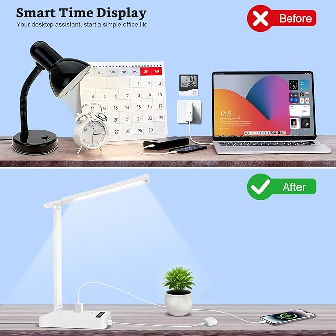 Smart Desk Lamp with 4-in-1 Charging Station (2 AC outlets, Type-C, USB-A Ports), 5 Color temperatures and 5 Brightness Levels, Adjustable gooseneck arm, Eye-Friendly Lighting for desks, bedrooms