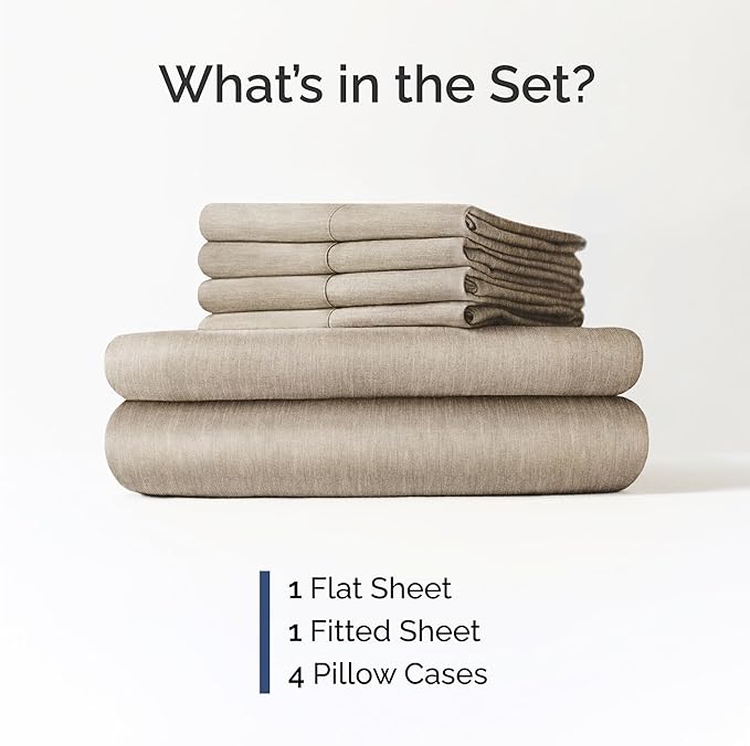 Queen Sheets Set 6 Piece - Includes 4 Pillowcases - Bed Sheets Queen Size - Soft Hotel Luxury Bedding - Cooling, Comfy & Breathable - 1 Flat, 1 Fitted & 4 Pillowcases w/ Deep Pockets - Heathered Beige