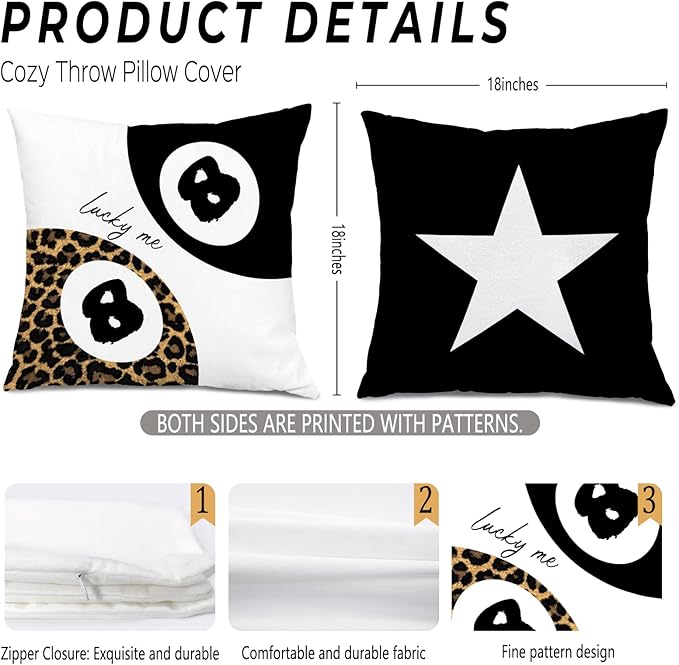 Trendy Leopard Lucky Girl 8 Ball Black Star Throw Pillow Covers 18x18, Cheetah Print Room Decor, Trendy Funky Y2K Leopard Print Decorative Pillow Covers for Girls Room Dorm Apartment, Set of 2