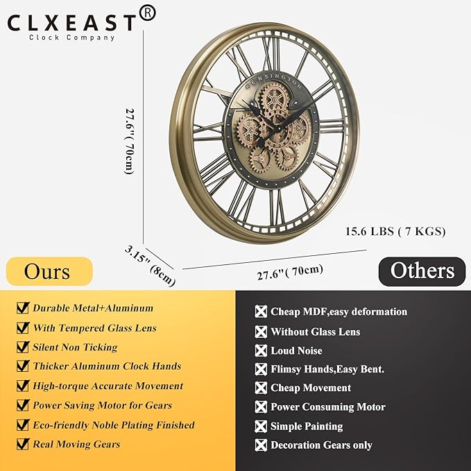 CLXEAST 28 Inch Gold Moving Gear Wall Clock for Modern Living Room Decor,Oversized Large Metal Roman Numeral Wall Clocks for Farmhouse Home Décor,House Warming Gifts New Home