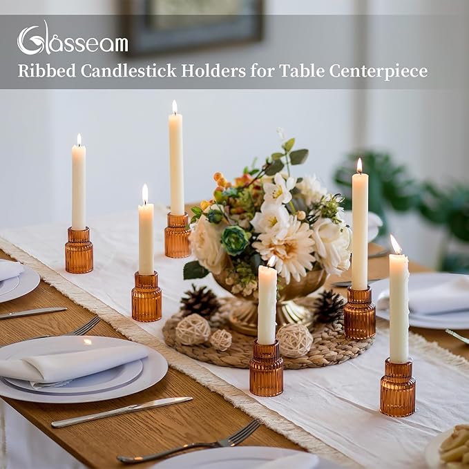 Glasseam Glass Tapered Candlestick Holders: Amber Taper Candle Holders Set of 2 Ribbed Small Candle Stick Holder for Table Centerpiece Fall for Christmas Party Halloween Thanksgiving Decor