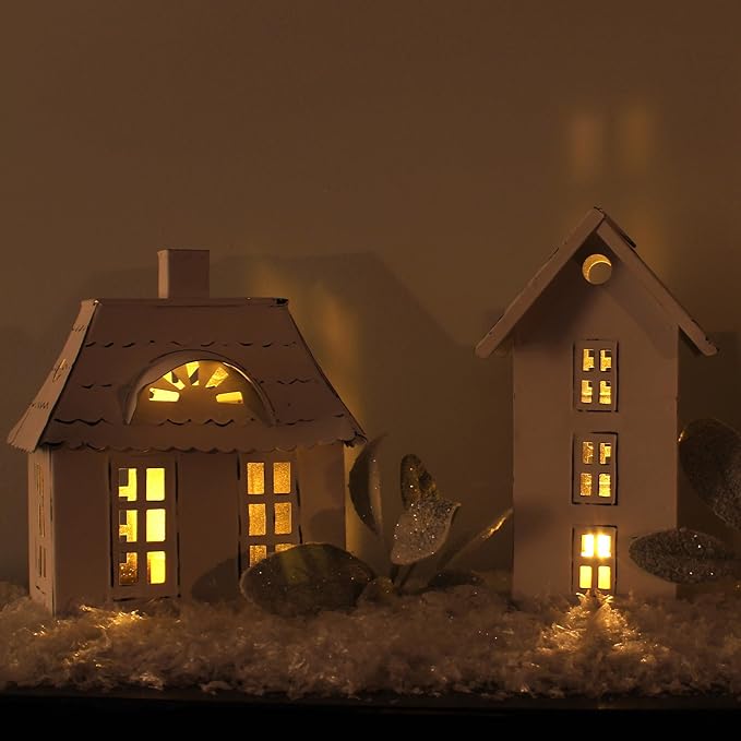 AuldHome Design Farmhouse Decor Tin Houses (Set of 3, White); Candle Lantern Decorative Holiday Christmas Village Display or Votive Holder