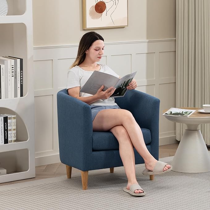 Accent Barrel Chair, Modern Comfy Living Room Chairs with Armrest Small Reading Chair with Cozy Soft Padded for Bedroom Reception Room Cafe,Blue