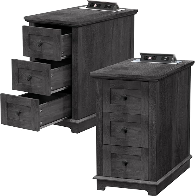 HIFYOBRO Narrow End Table Set of 2, 3 Drawers and Charging Station, Type-C & USB Port & Power outlets, Wooden End Table, Side Table with Storage for Living Room, Bedroom Nightstands