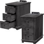 HIFYOBRO Narrow End Table Set of 2, 3 Drawers and Charging Station, Type-C & USB Port & Power outlets, Wooden End Table, Side Table with Storage for Living Room, Bedroom Nightstands