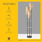 Adesso Trio Floor Lamp with Three Pull Chain Lights and Two-Tier Storage, Black Base, Brown Textured Fabric Shades, 68” Tall, Enhances Room Decor and Lighting