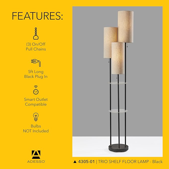 Adesso Trio Floor Lamp with Three Pull Chain Lights and Two-Tier Storage, Black Base, Brown Textured Fabric Shades, 68” Tall, Enhances Room Decor and Lighting