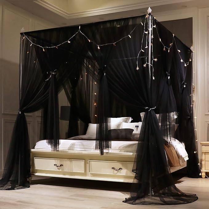 VETHIN 4 Corners Post Princess Bed Canopy Curtain Double Layer Cozy Drape Netting 4 Opening Mosquito Net for Girls & Adults Bedroom Decoration Accessories (Double Black, 78" W*86" L*82"*H/(King))