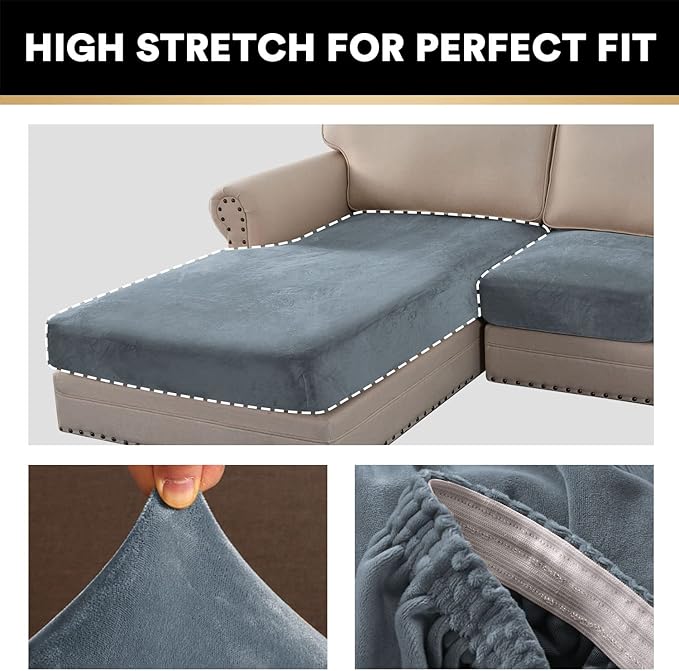 PrinceDeco 4-Piece Sectional Couch Cover Set - Thick Chaise & Couch Cushion Covers with Elastic Band for L-Shape Sofa, 3 Seater + 1 Chaise, Stone Blue