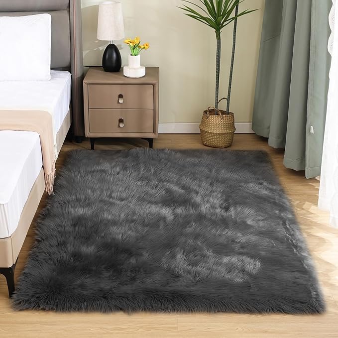 Latepis 4x6 Shag Dark Grey Faux Fur Sheepskin Rug Bedside Plush Rugs Washable Fluffy Rug for Bedroom Dorm Luxury Home Décor, Rectangle
