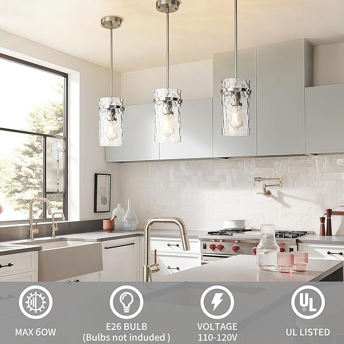 Nickel Hammered Hand-Blown Glass Pendant Light, Pendant Lights Kitchen Island Brush Nickel Pendant Light Fixtures over Island Modern Kitchen Island Lighting Dining Light Fixture Bedroom Foyer 1 Pack