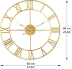 LEIKE Large Modern Wall Clocks,24" Gold Metal,Rustic,Round,Silent Non Ticking,Battery Operated Roman Numerals Clock for Living Room/Bedroom/Kitchen Wall Decor-(Gold, 60cm)