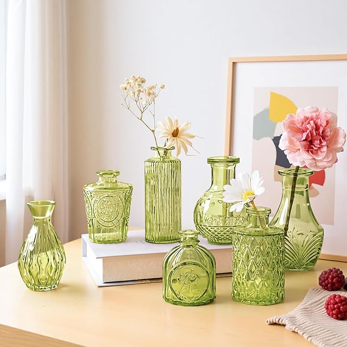 Embossed Bud Vases Set of 24, Vintage Flower Vase Green Glass Mini Vases for Centerpieces, Decorative Small Vase Bulk for Flowers, Wedding Table Decorations, Party, Baby Shower, Home Decor,