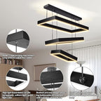 Modern 3 Rings Rectangle Chandelier for Living Room - Adjustable Height Luxury Foyer Lighting Fixture for High Ceiling, Hanging Dining Room LED Pendant Light