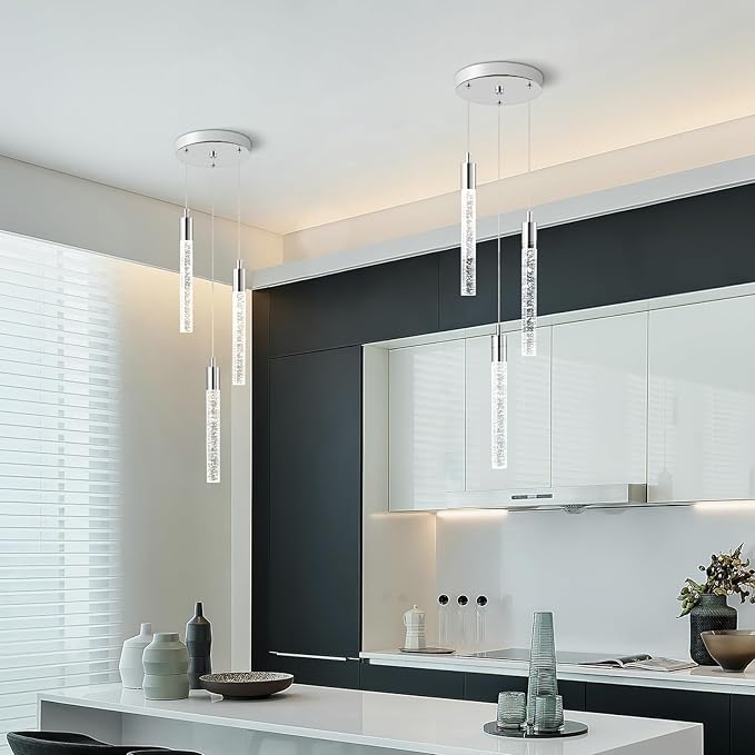 Modern Light Fixture Kitchen Island Pendant Light Dimmable LED Chrome Pendant Lights Mini Crystal Pendant Lighting for Bedroom Dining Room Living Room（3-Light ）