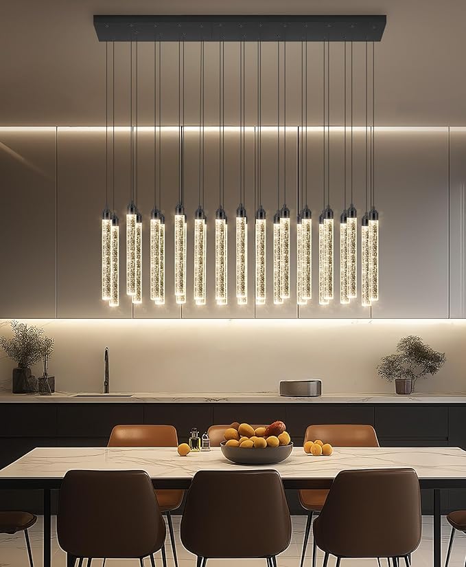 Rectangular Chandeliers 26-Lights Long Light for Entryway LED Dimmable Chandeliers Lighting Fixture Flat Sloped High Ceiling Pendant Lights Crystal for Living Room Foyer Hallway Staircase Black