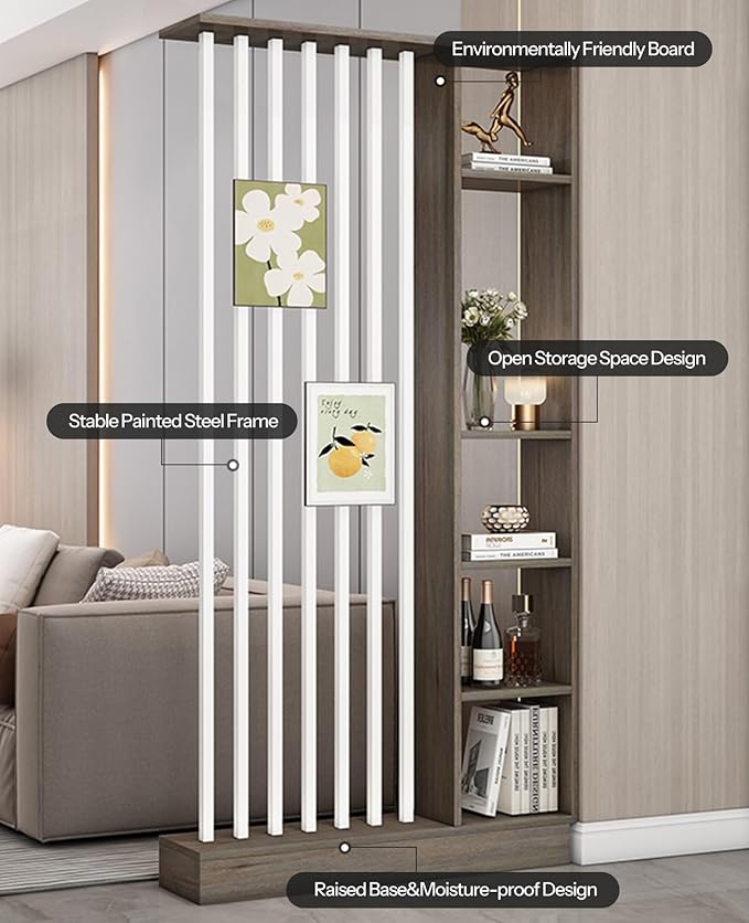 Wall Room Divider, Storage Cabinet Storage Display with Shelves, Modern Freestanding Wood Room Divider Screen, Wall Privacy Screens for Home Decorative (Grey Oak+White,47" L x 9.5" W x 79.5" H)