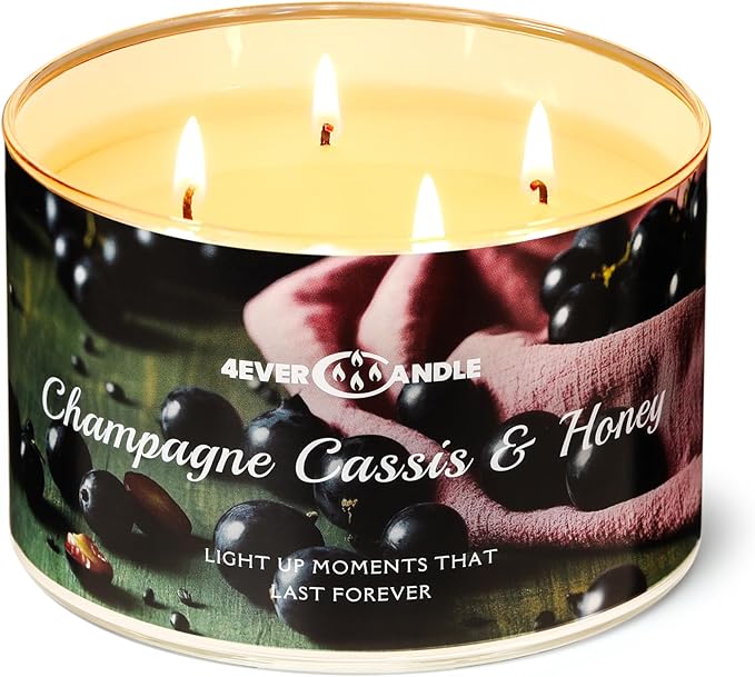 Over 50 Hours Jar Candle - 4-Wick Long-Lasting Scented Candles, 18oz Natural Soy Wax Candle for Home, Candle Gifts for Women & Men, Champagne Cassis & Honey