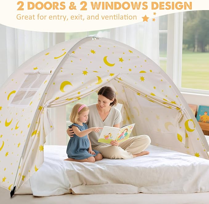 Twin Bed Tent for Kids, Twin Size Bed Canopy with Star Lights, Privacy Space Blackout Sleeping Tents, Indoor Breathable Portable Bunk Bed Tent for Boys and Girls, Light Moon & Stars