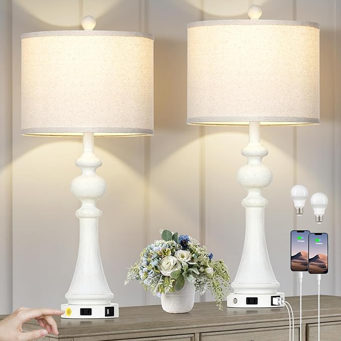 28" Farmhouse Lamps Set of 2 with USB A+C Fast Ports & AC Outlets, Vintage Rustic 3-Way Dimmable Touch Control Table Lamps, Rustic Traditional Bedside Nightstand Lamp for Living Room Bedroom White