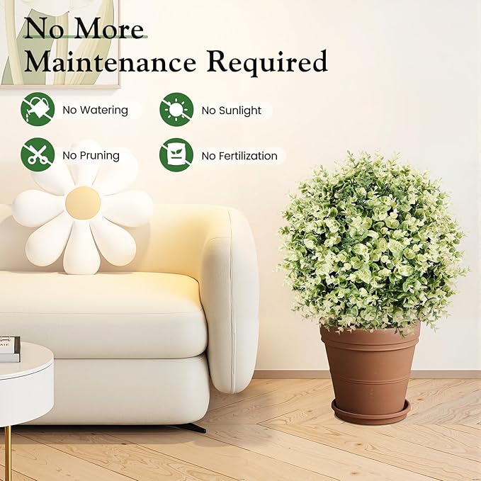 Lewondr Artificial Boxwood Topiary Ball Trees, 22.83'' Fake Plants Outdoor with Ground Spike, Set of 2 UV and Fade Resistant Faux Greenery Shrubs for Outdoor Indoor Front Porch Garden, Gradient White