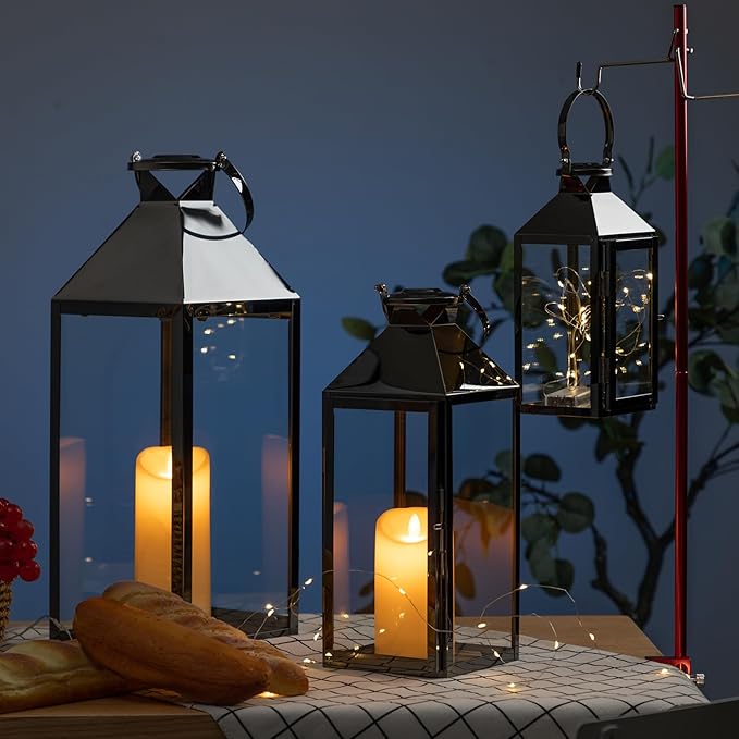 MATICO Stainless Decorative Pinnacle Candle Lantern Set of 3, Hanging Decor Hurricane Lantern Candle Holder for Festival Ceremony Home Decor, Both Indoor & Outdoor Use, Black